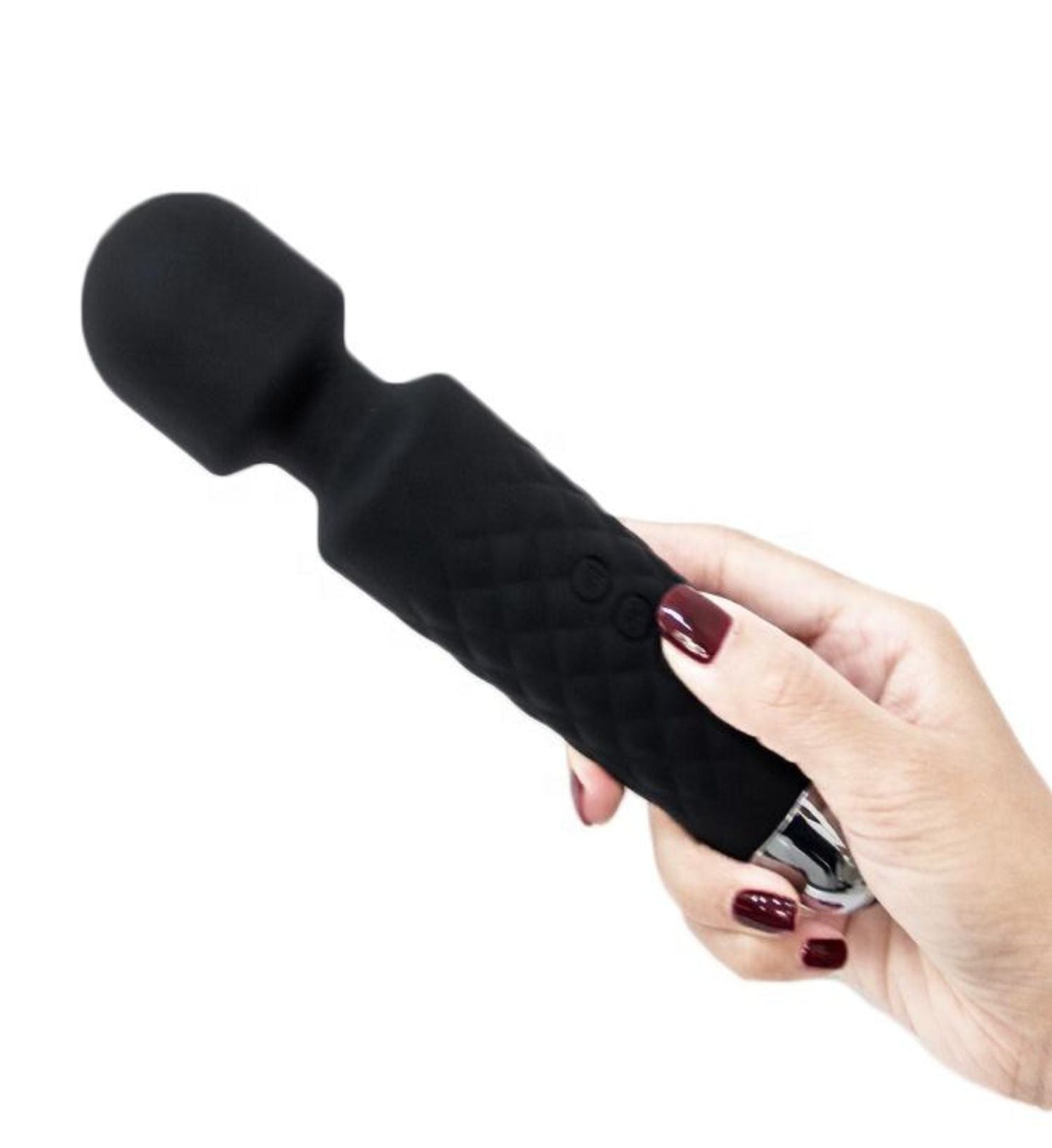 Black handheld Electric Wand Massager held by a hand on a white background